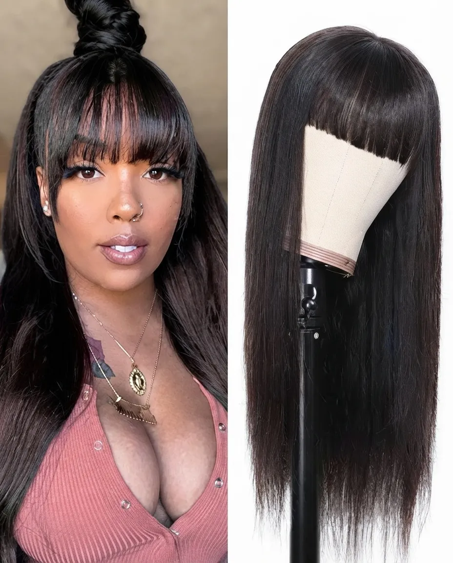 Long Straight Black Wig with Bangs – 16 Inches