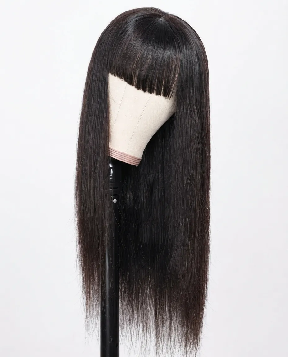 Long Straight Black Wig with Bangs – 16 Inches