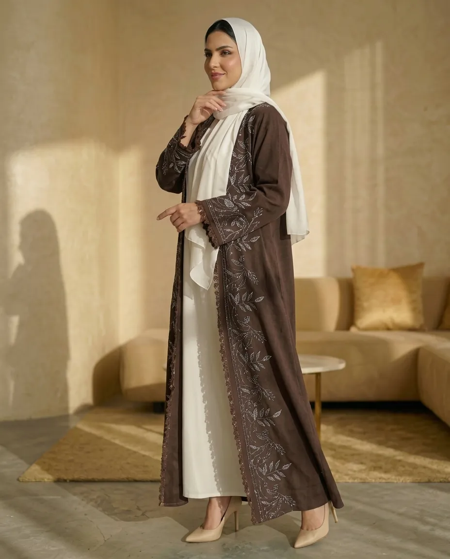 3-Piece Women's Embroidered Linen Hijab Abaya Set With Inner & Shawl