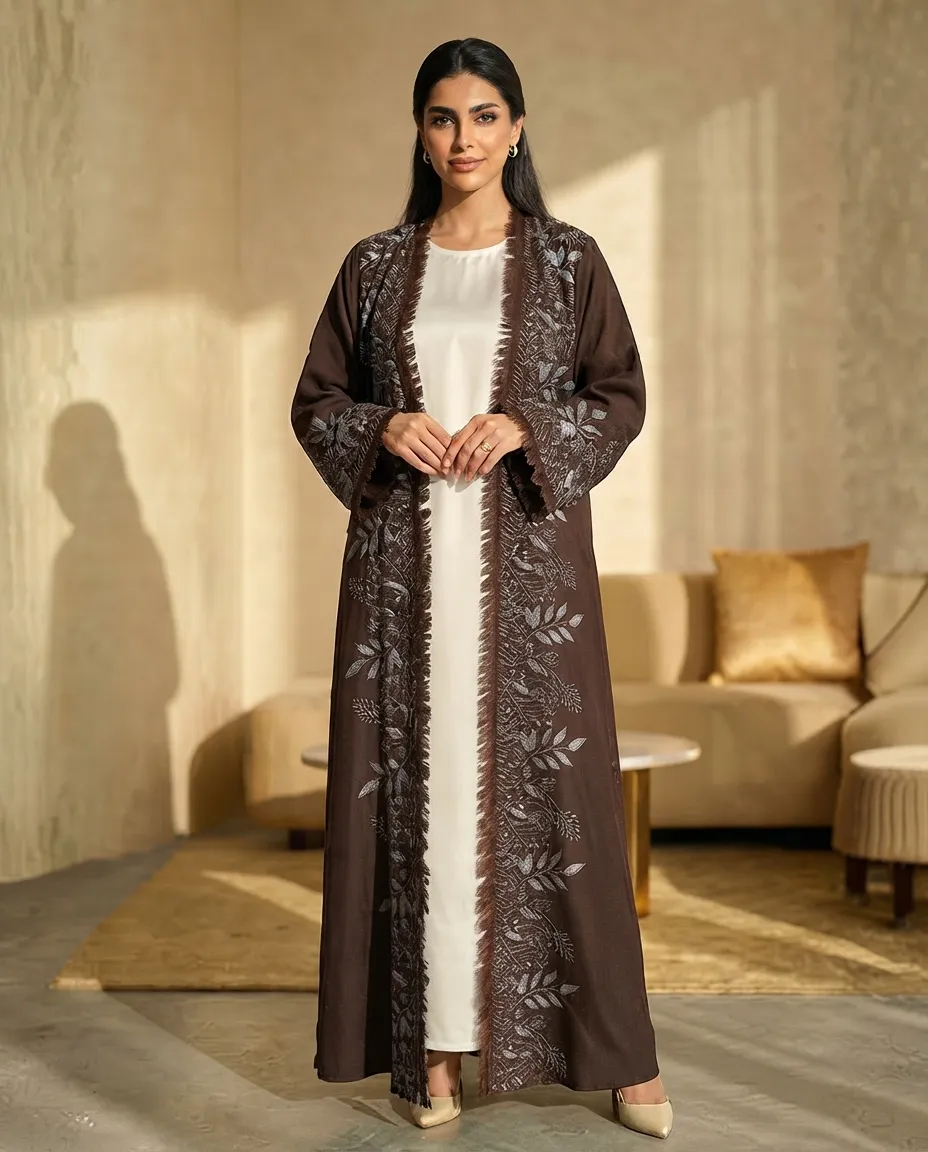 3-Piece Women's Embroidered Linen Hijab Abaya Set With Inner & Shawl