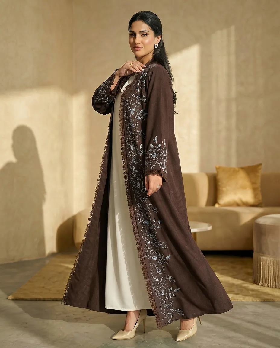 3-Piece Women's Embroidered Linen Hijab Abaya Set With Inner & Shawl
